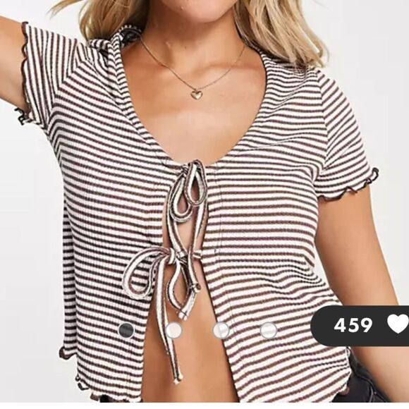 New Look striped double tie front cardi with lettuce edge in brown 6 NWT in pakg - Picture 2 of 7